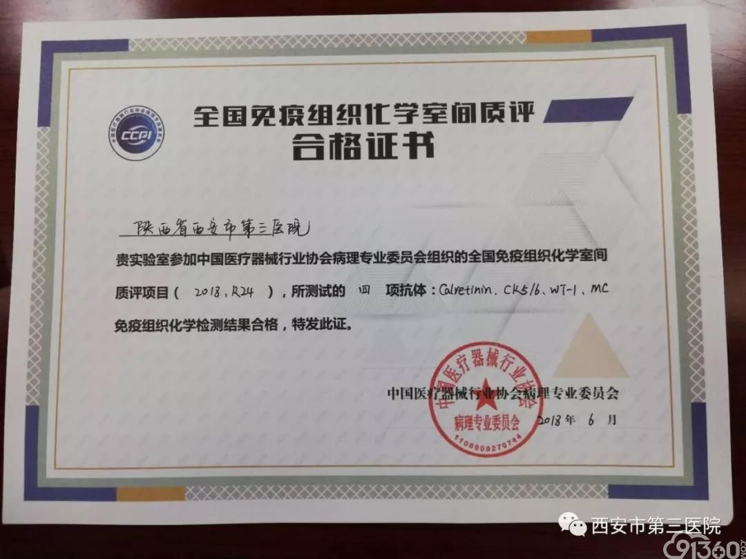 西安市第三医院病理科通过全国免疫组化室间质控测评